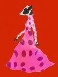 Pink polka-dot gown silhouetted on scarlet. Painterly illustration print by Drunk Dame.