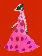 Pink polka-dot gown silhouetted on scarlet. Painterly illustration print by Drunk Dame.