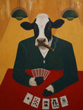Braided, jacketed, sitting at the red felt with her cards already played. Painterly illustration print by Drunk Dame.