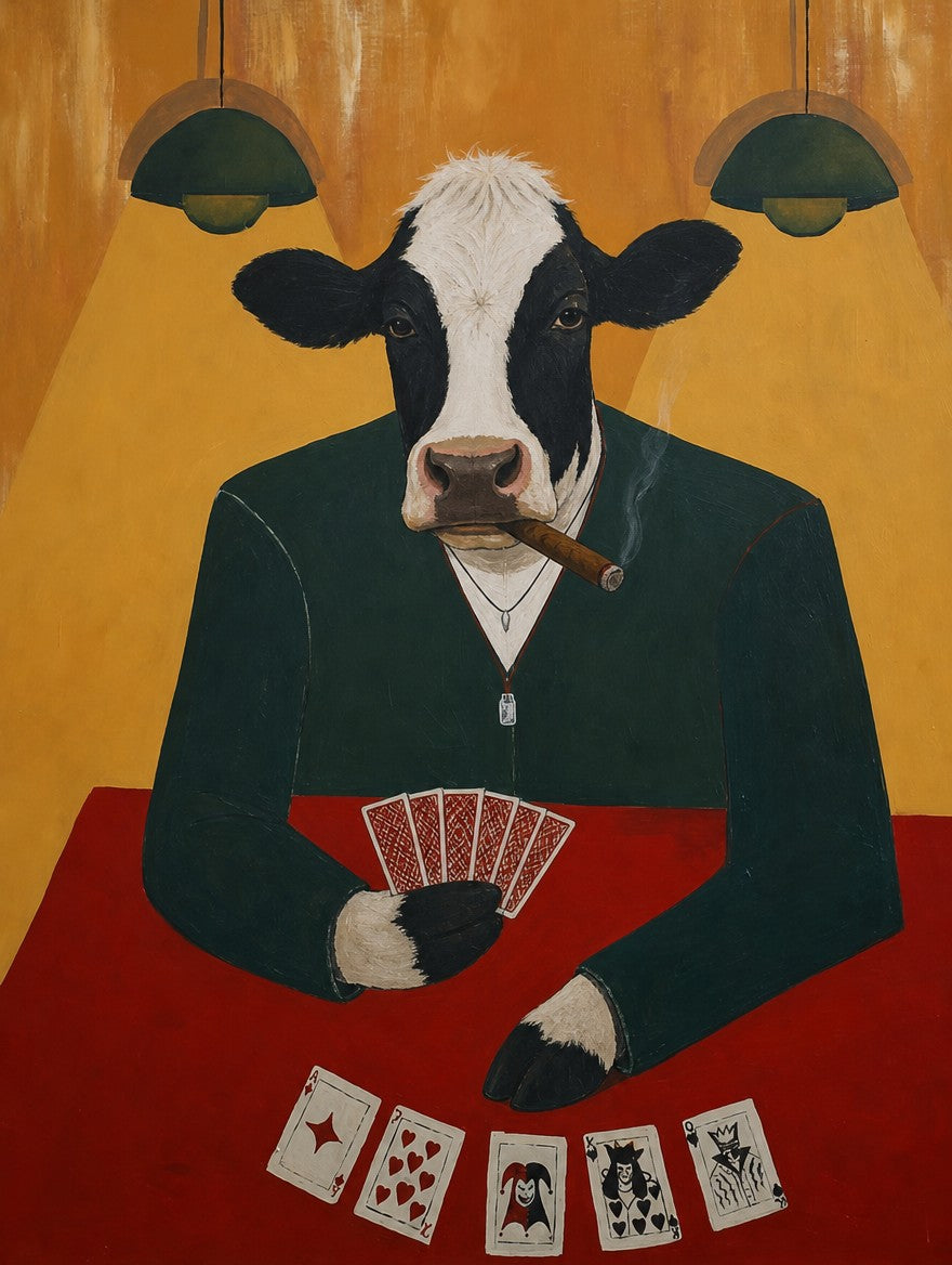 Braided, jacketed, sitting at the red felt with her cards already played. Painterly illustration print by Drunk Dame.