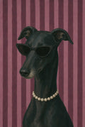 Black greyhound in cat-eye sunglasses and a pearl choker, plum stripe. Painterly figure art print by Drunk Dame.