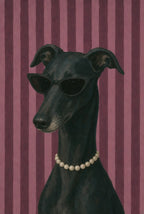 Black greyhound in cat-eye sunglasses and a pearl choker, plum stripe. Painterly figure art print by Drunk Dame.