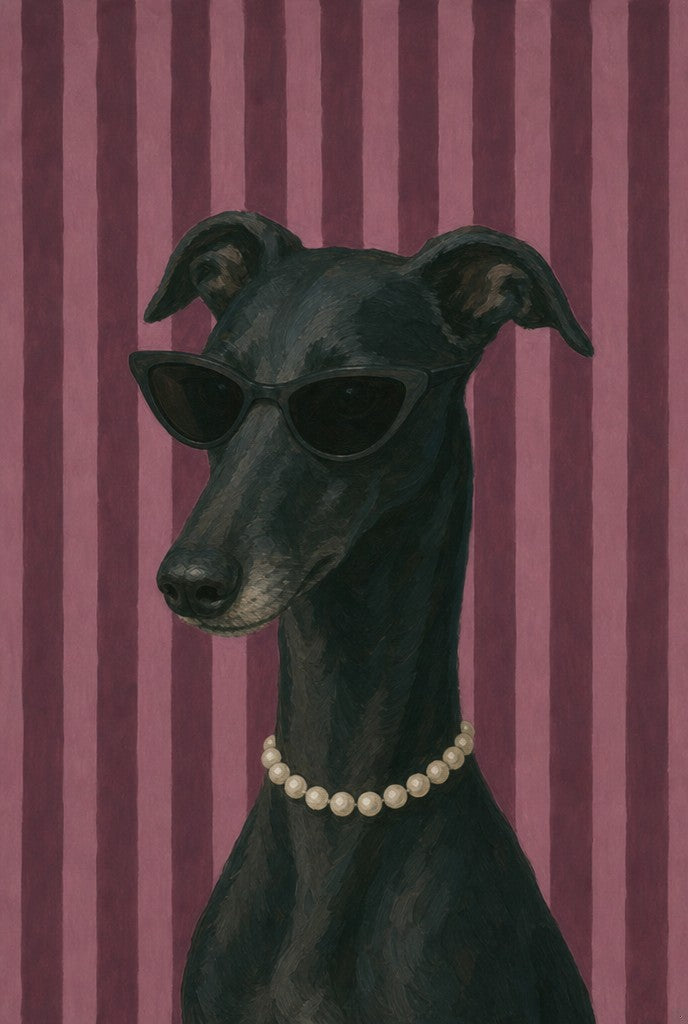 Black greyhound in cat-eye sunglasses and a pearl choker, plum stripe. Painterly figure art print by Drunk Dame.