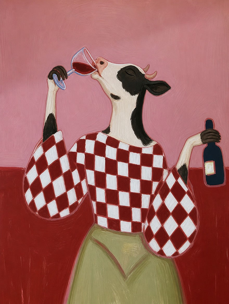 Red checks, green skirt, bottle in one hand, glass in the other. Painterly illustration print by Drunk Dame.