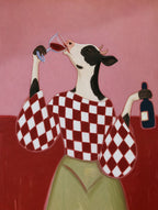 Red checks, green skirt, bottle in one hand, glass in the other. Painterly illustration print by Drunk Dame.