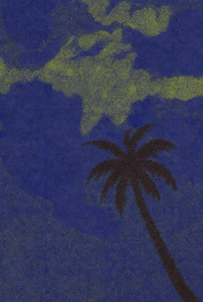 Midnight sky, chartreuse cloud, one palm holding the frame. Abstract art print by Drunk Dame.