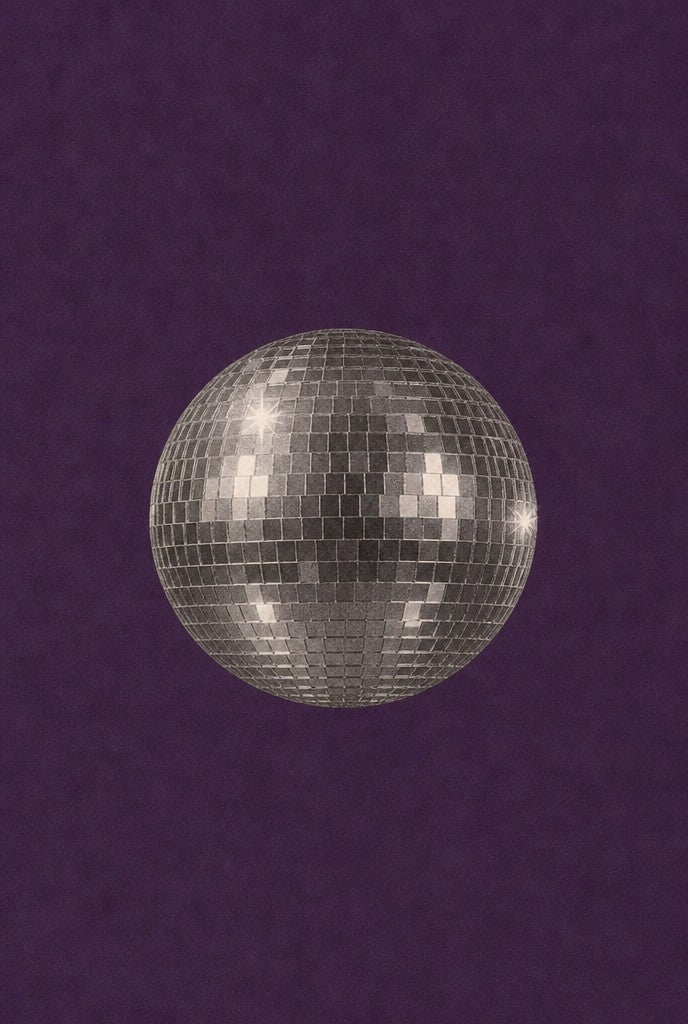 Single disco ball on deep purple, grain doing the work. Femme art print by Drunk Dame.
