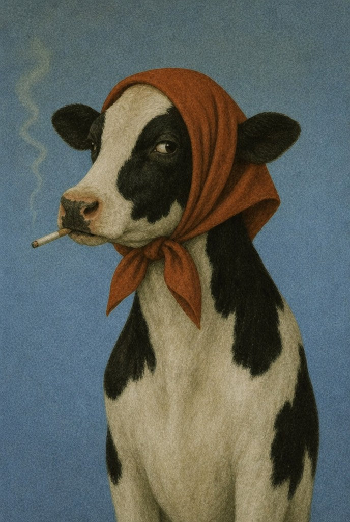 Dalmatian in a red headscarf, cigarette lit. Painterly illustration print by Drunk Dame.