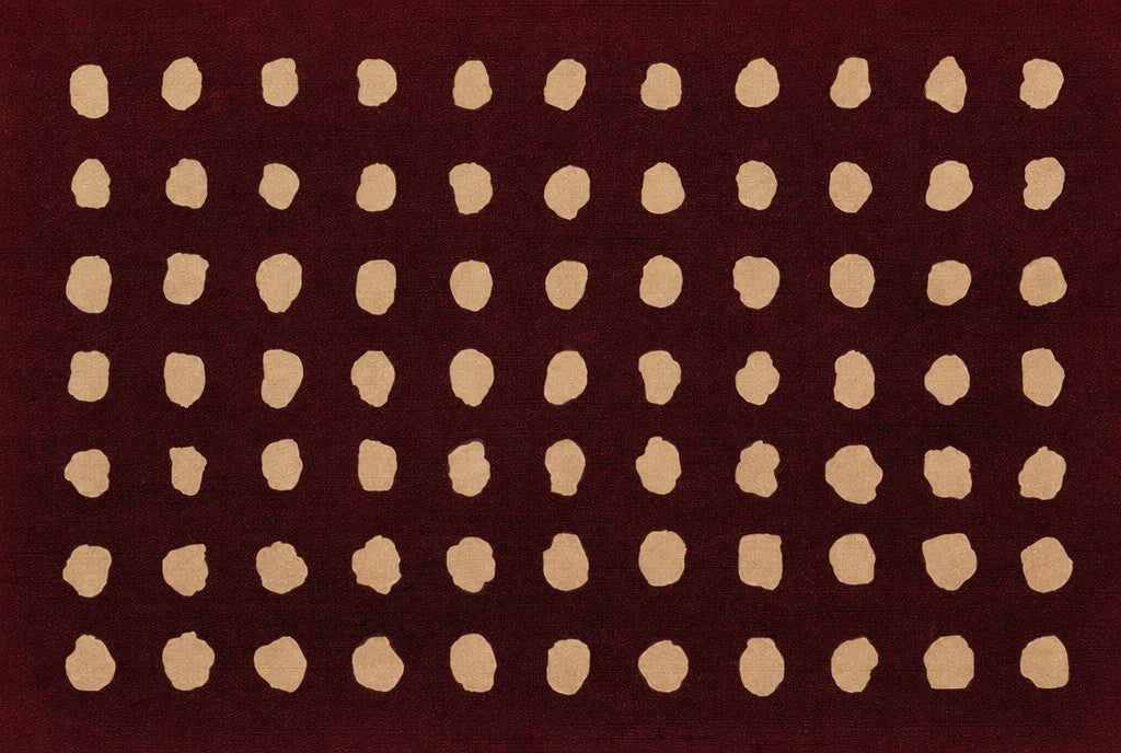 Cream organic dots scattered across deep oxblood, heavy cinematic grain. Femme art print by Drunk Dame.