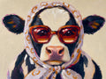Printed headscarf, red sunglasses bigger than her face. Painterly illustration print by Drunk Dame.