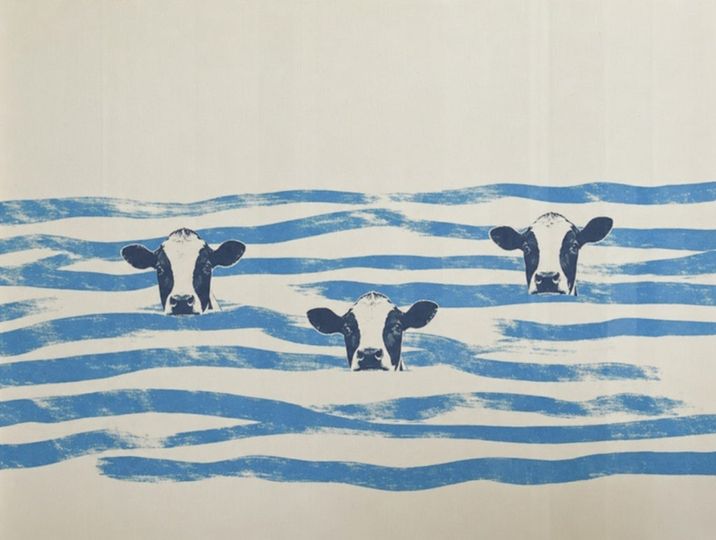 Two heads above the waves, blue stripes doing the rest. Painterly illustration print by Drunk Dame.