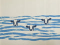 Two heads above the waves, blue stripes doing the rest. Painterly illustration print by Drunk Dame.