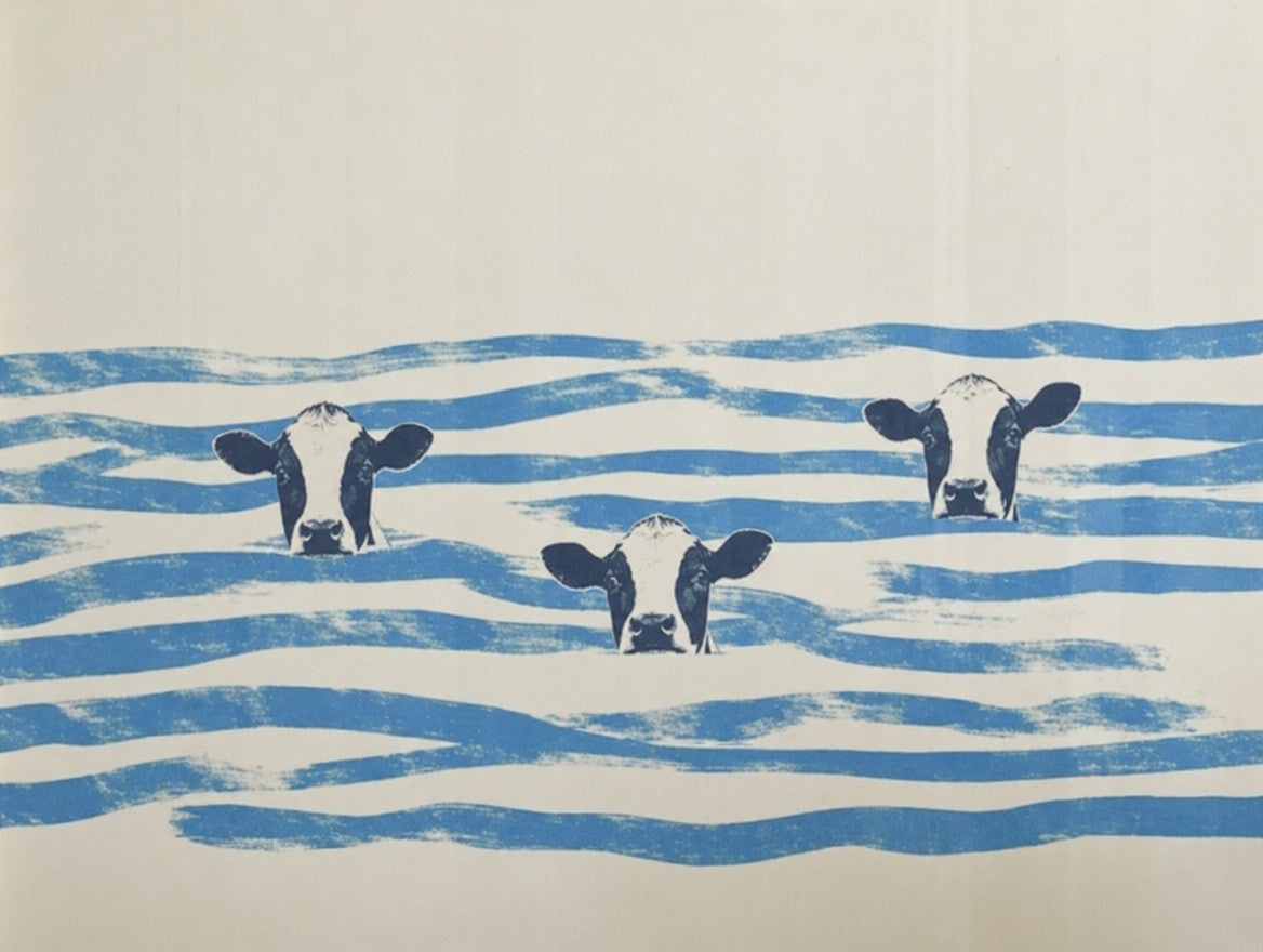 Two heads above the waves, blue stripes doing the rest. Painterly illustration print by Drunk Dame.