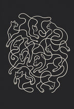 Cream monoline on near-black, nude figures braided into a single mass. Line art print by Drunk Dame.