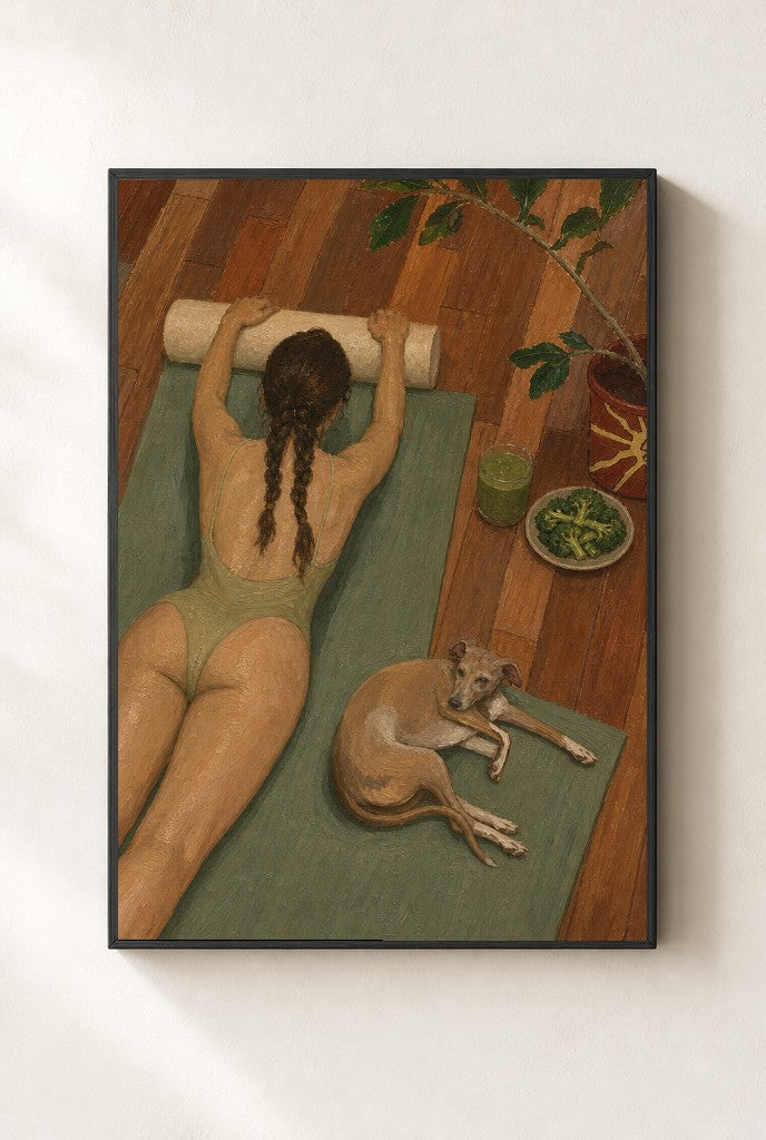 Reformer, Greyhound print, mounted in a black wood frame on a cream wall.