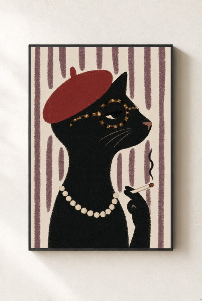 Cat, Red Beret print, mounted in a black wood frame on a cream wall.