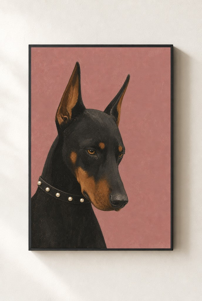Doberman, Pearls print, mounted in a black wood frame on a cream wall.