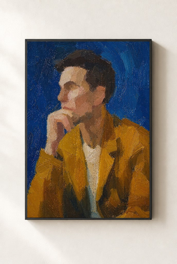 Mustard Jacket, Blue, framed close-up, black