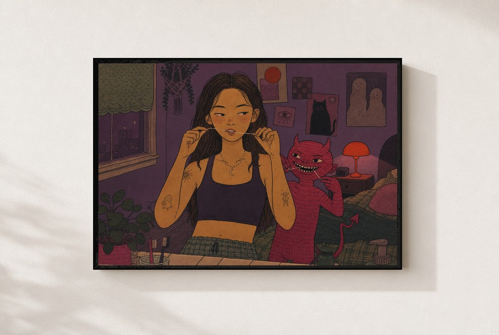 Flossing, Supervised, framed close-up, black