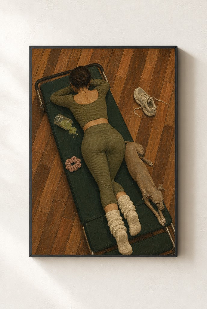Pilates Mat, Greyhound print, mounted in a black wood frame on a cream wall.