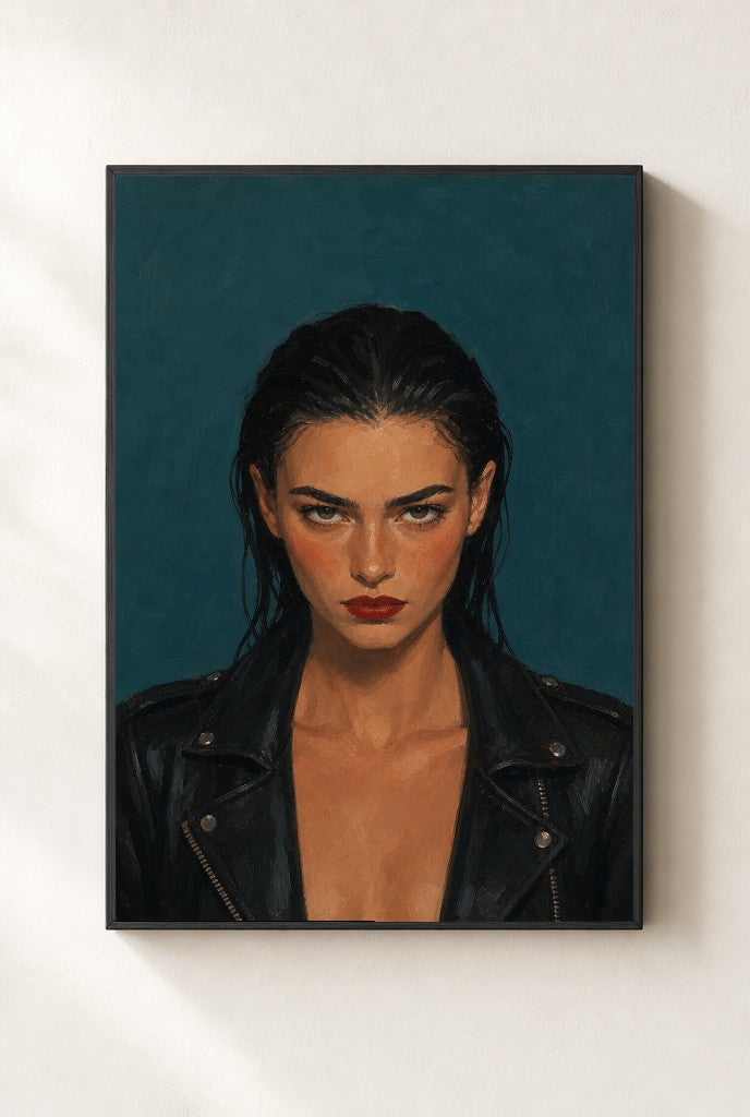 Leather Jacket, Teal print, mounted in a black wood frame on a cream wall.
