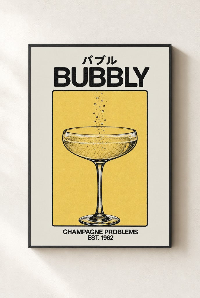 Champagne Problems print, mounted in a black wood frame on a cream wall.