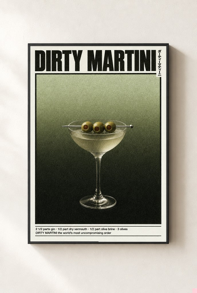 Dirty Martini print, mounted in a black wood frame on a cream wall.