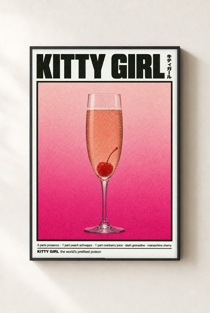 Kitty Girl print, mounted in a black wood frame on a cream wall.
