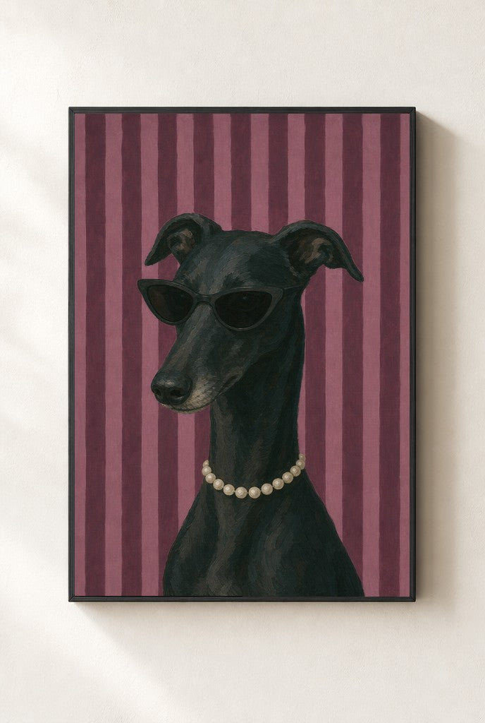 Greyhound, Pearls print, mounted in a black wood frame on a cream wall.