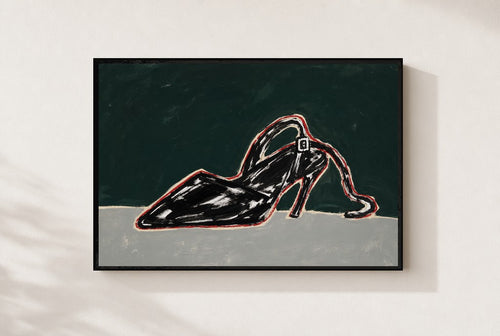 Black Heel, Teal print, mounted in a black wood frame on a cream wall.