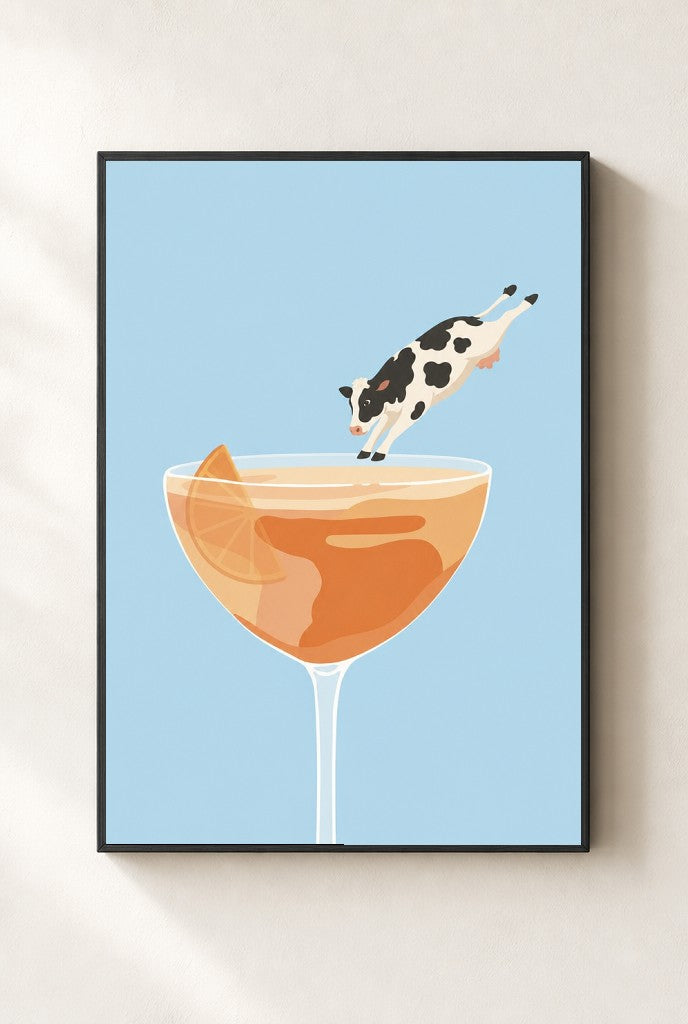 Last Call Belly Flop print, mounted in a black wood frame on a cream wall.