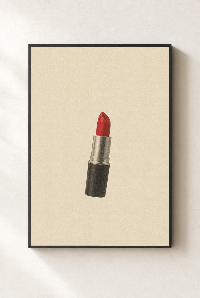One Lipstick, Cream print, mounted in a black wood frame on a cream wall.