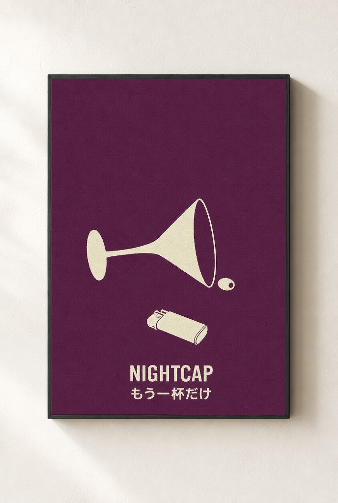 Nightcap print, mounted in a black wood frame on a cream wall.