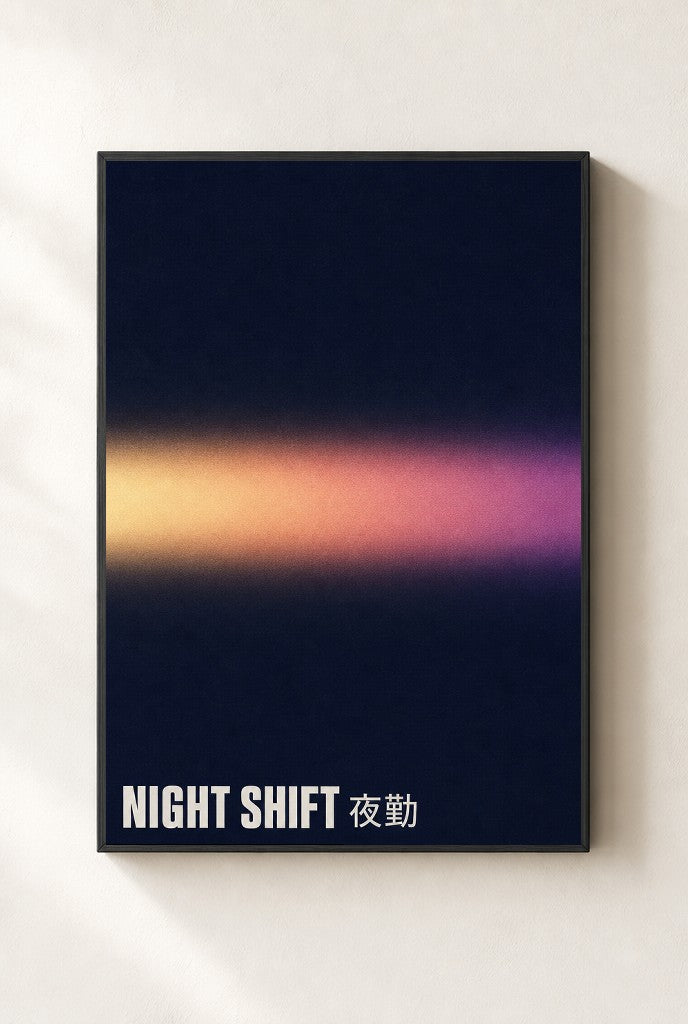 Night Shift print, mounted in a black wood frame on a cream wall.