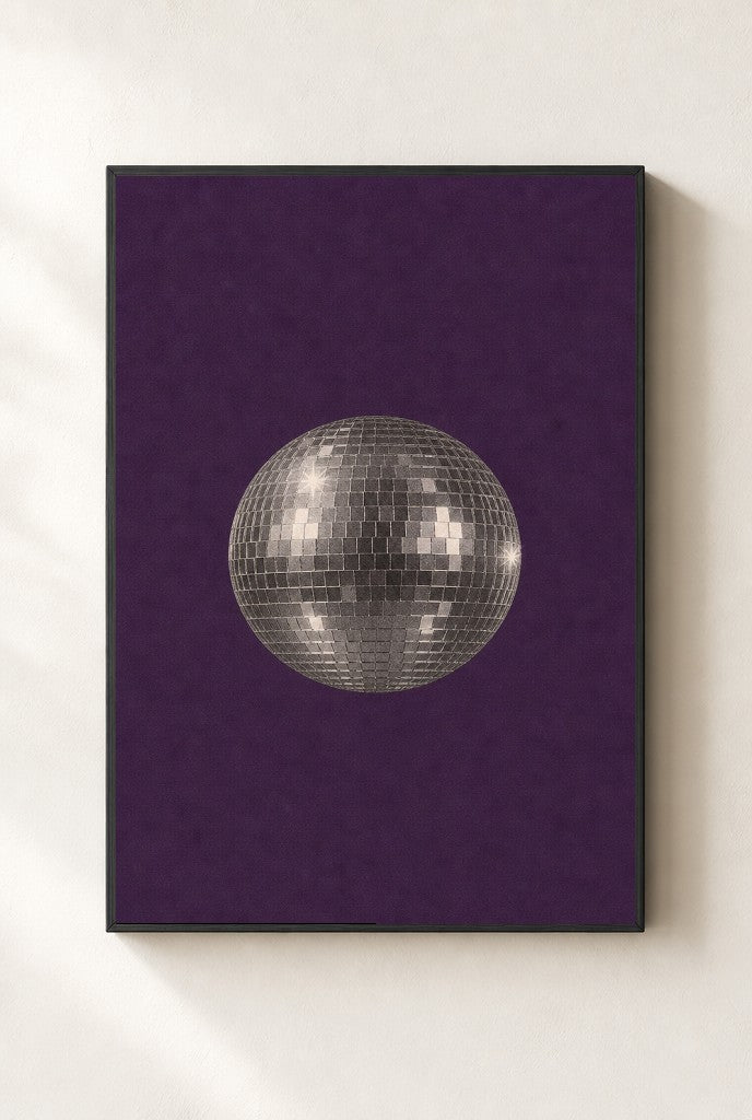 Disco Ball, Purple print, mounted in a black wood frame on a cream wall.