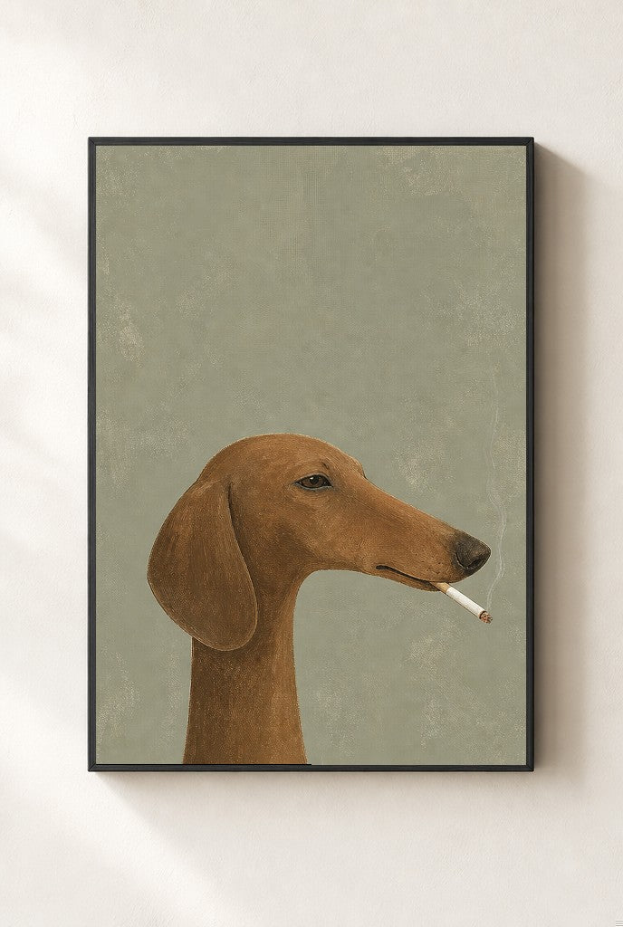 Whippet, Cigarette print, mounted in a black wood frame on a cream wall.