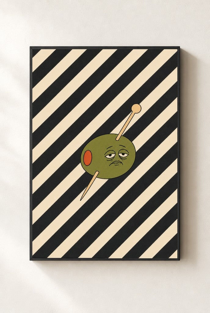 Olive on Stripes print, mounted in a black wood frame on a cream wall.