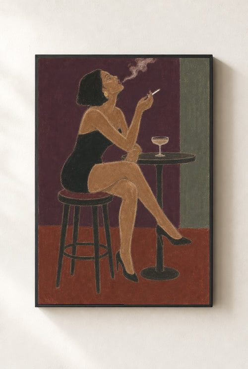 Bar Stool, Smoke print, mounted in a black wood frame on a cream wall.
