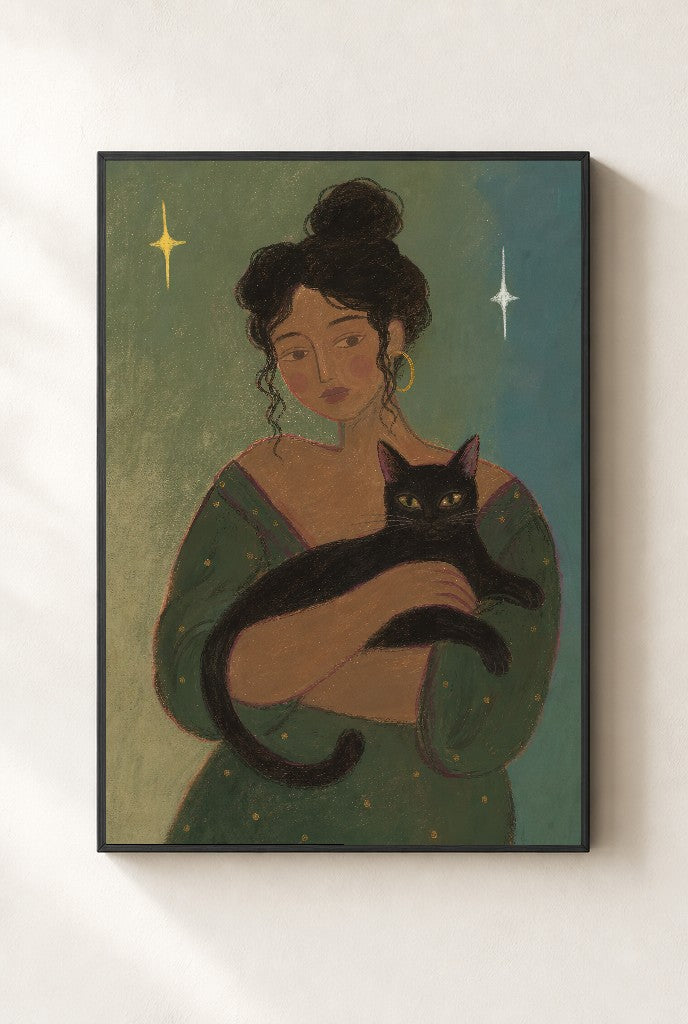 The Femme and Her Familiar, framed close-up, black
