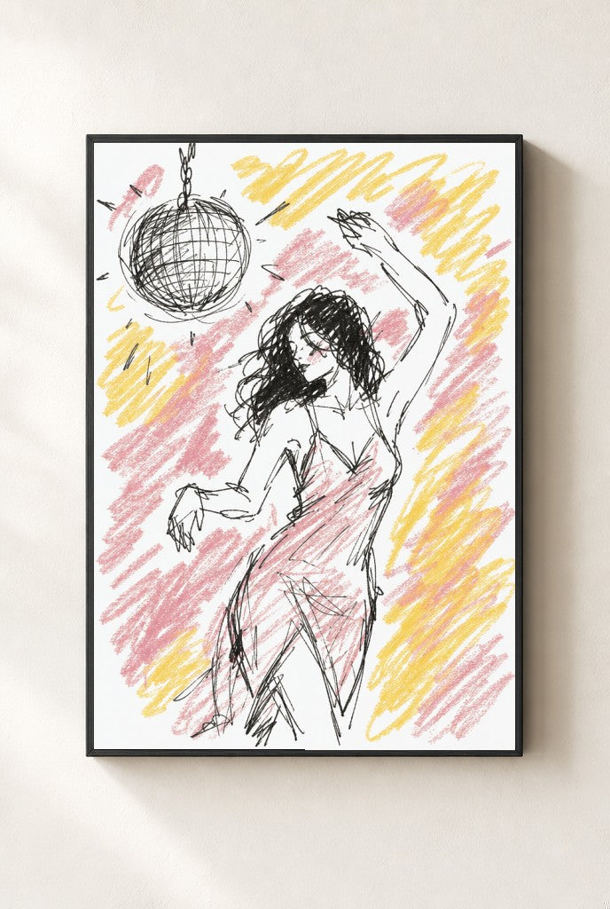 Disco Ball, Crayon print, mounted in a black wood frame on a cream wall.