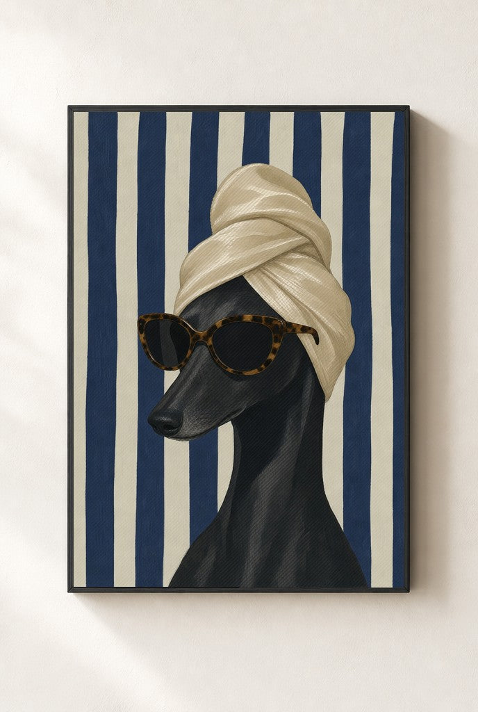 Greyhound, Hair Towel print, mounted in a black wood frame on a cream wall.