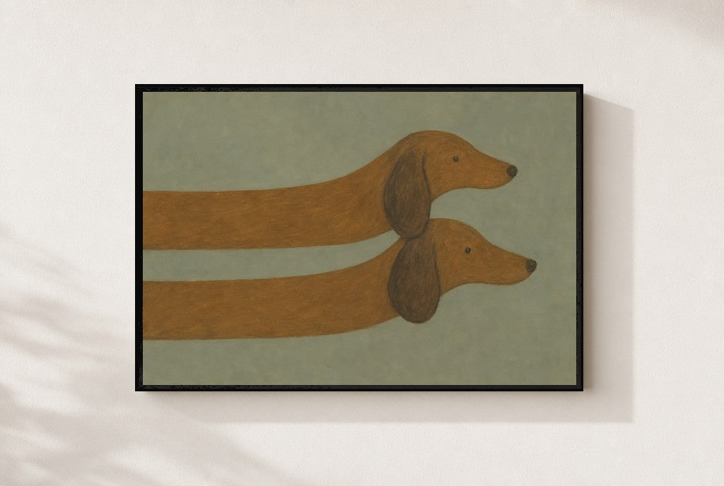 Two Dachshunds, Sage print, mounted in a black wood frame on a cream wall.