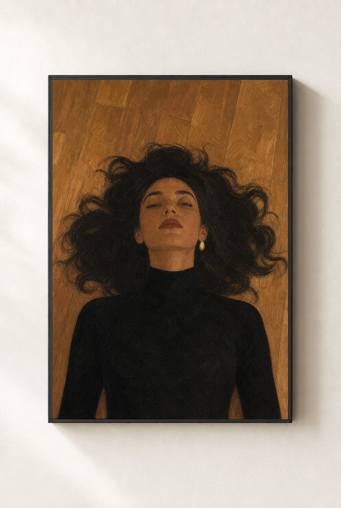 Hair on Floor print, mounted in a black wood frame on a cream wall.
