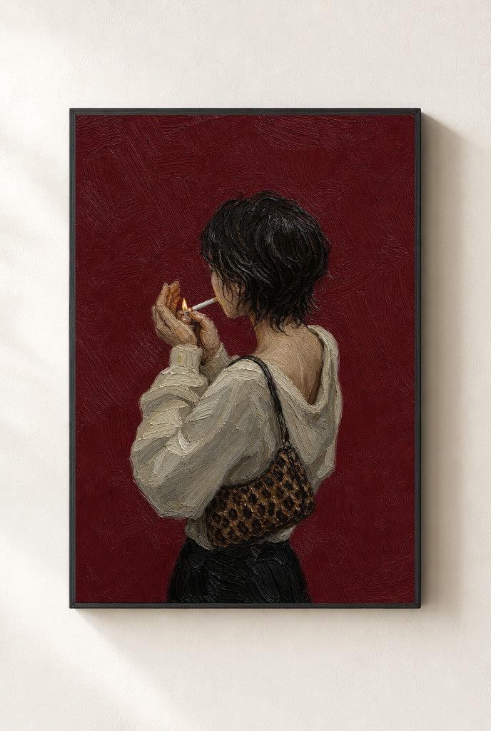 Lighting Up, Leopard Bag print, mounted in a black wood frame on a cream wall.