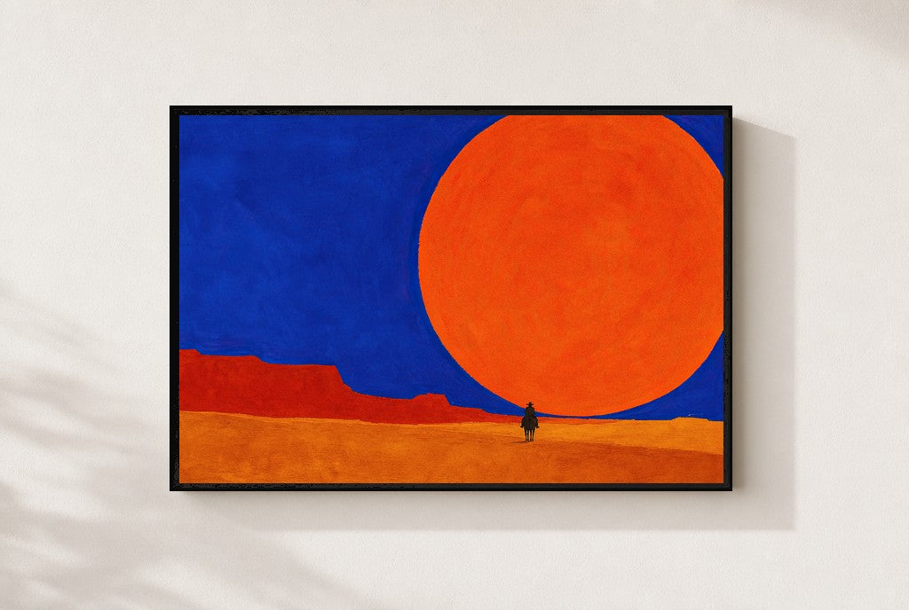 Small Rider, Big Sun, framed close-up, black