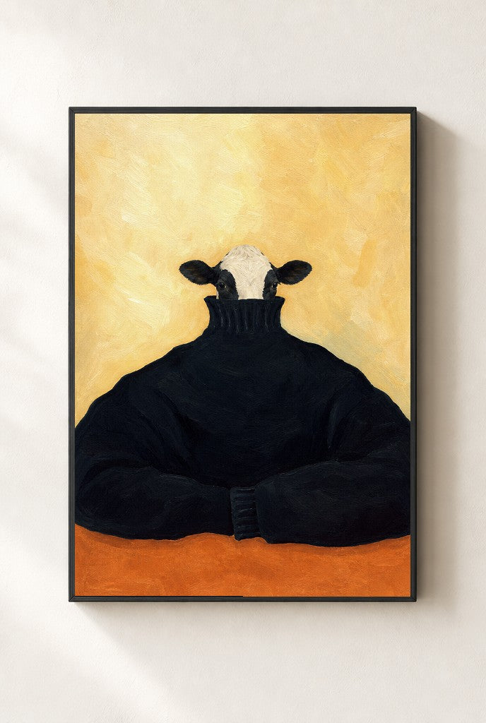 Sunday Turtleneck print, mounted in a black wood frame on a cream wall.