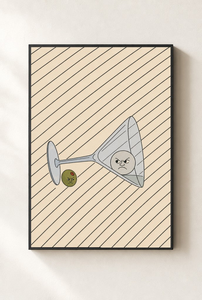 Tipped Martini, Olive print, mounted in a black wood frame on a cream wall.