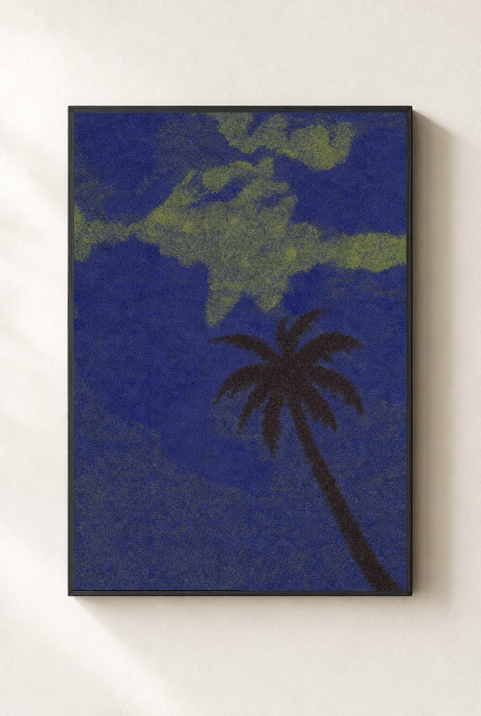 Lone Palm, Midnight print, mounted in a black wood frame on a cream wall.