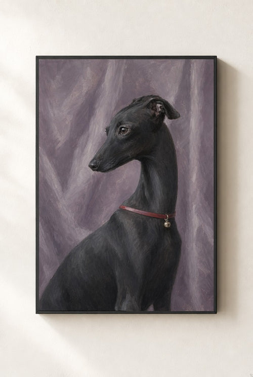 Black Greyhound, Red Collar print, mounted in a black wood frame on a cream wall.