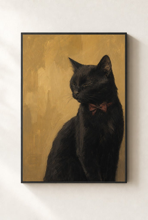 Black Cat, Red Bow print, mounted in a black wood frame on a cream wall.